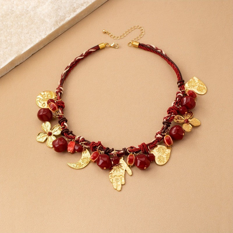 14k Boho Red Braided Multi-Charm Necklace