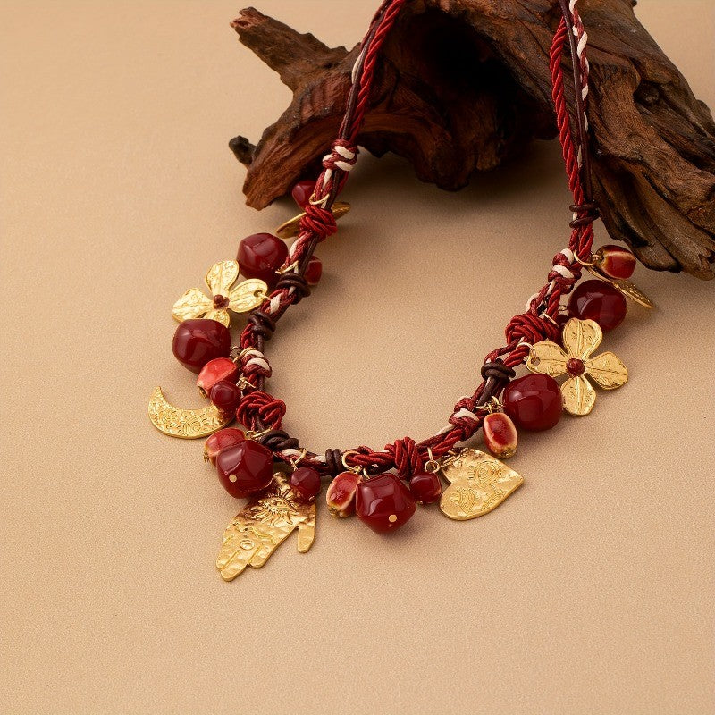 14k Boho Red Braided Multi-Charm Necklace