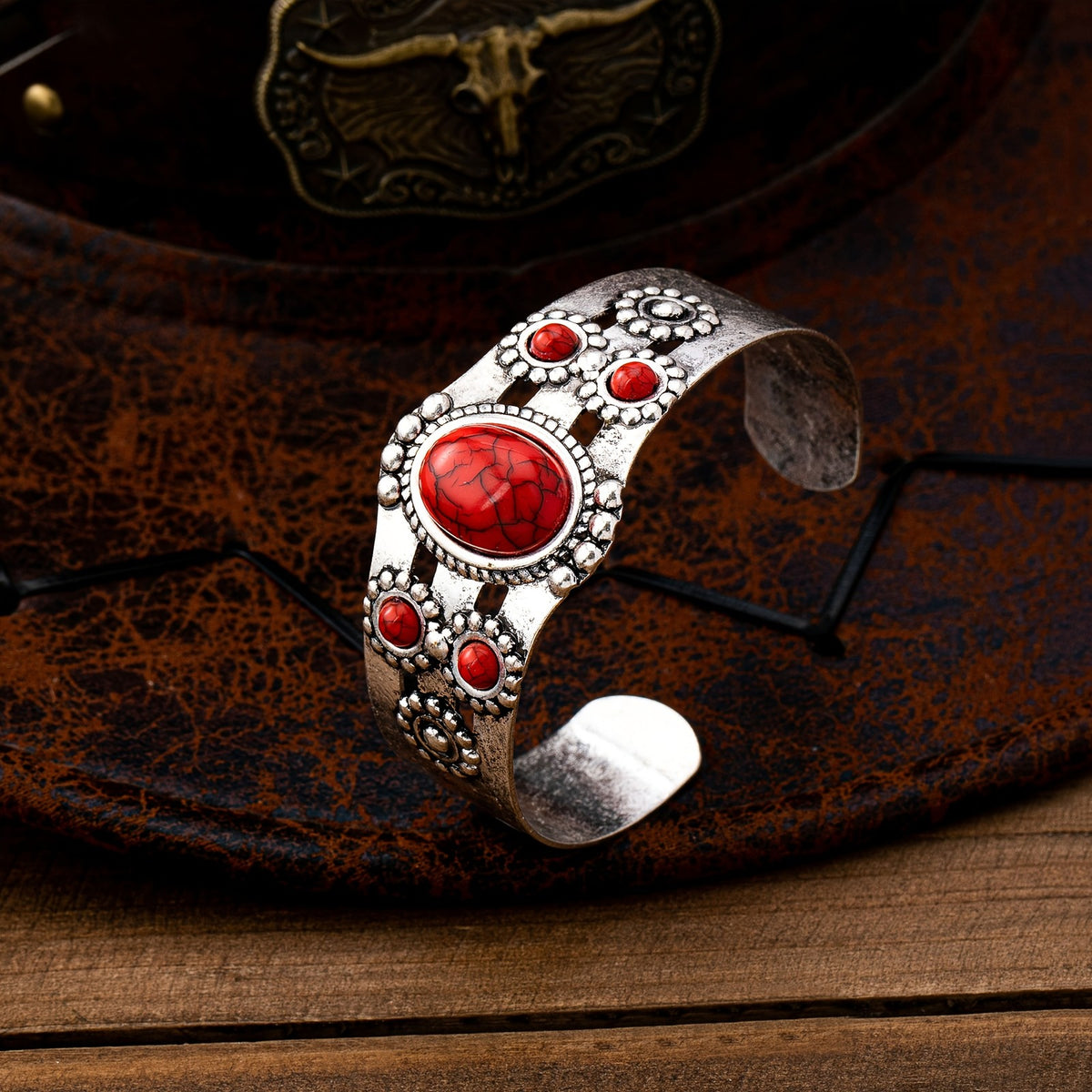 Vintage Boho Red Stone Cuff Bracelet