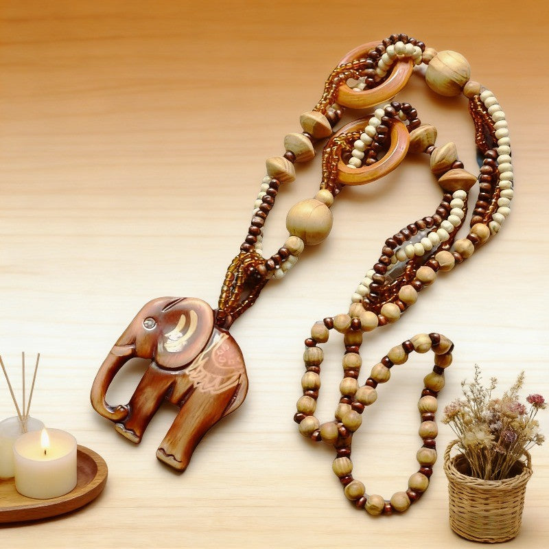 Boho Carved Elephant Wood Beaded Necklace
