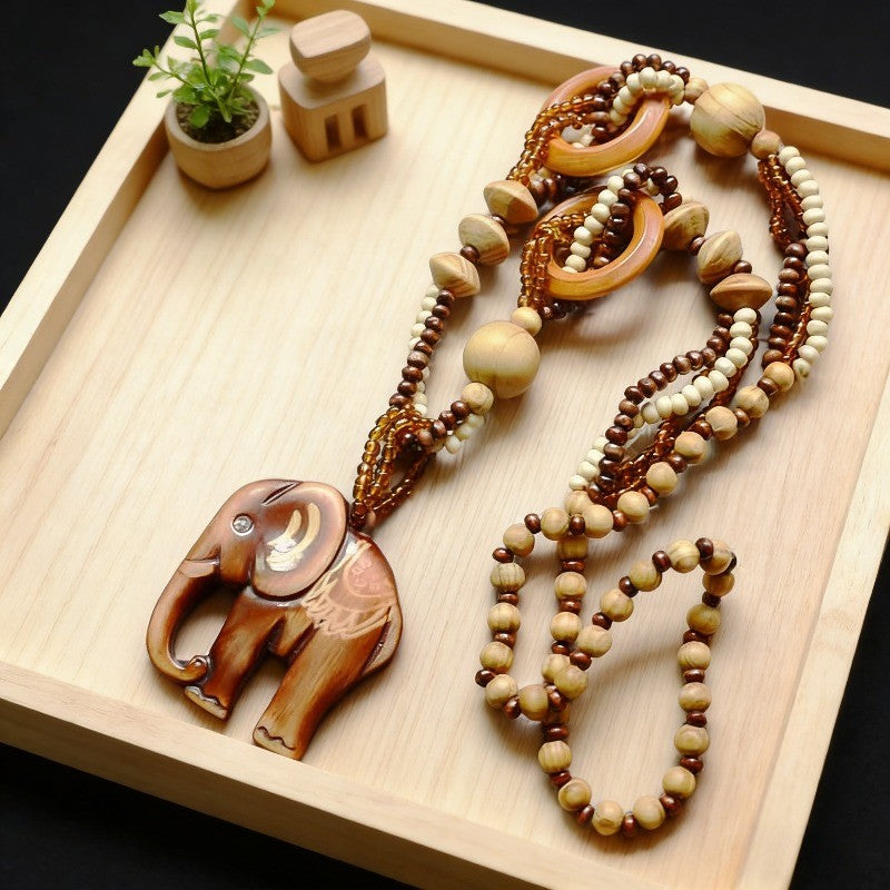 Boho Carved Elephant Wood Beaded Necklace