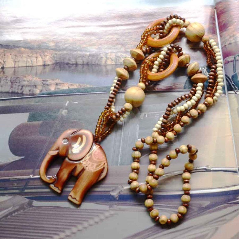 Boho Carved Elephant Wood Beaded Necklace