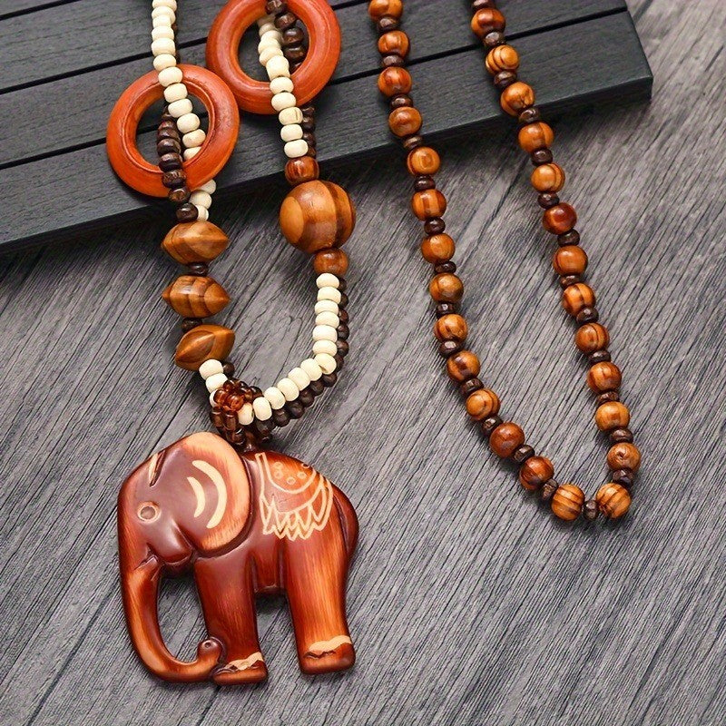 Boho Carved Elephant Wood Beaded Necklace