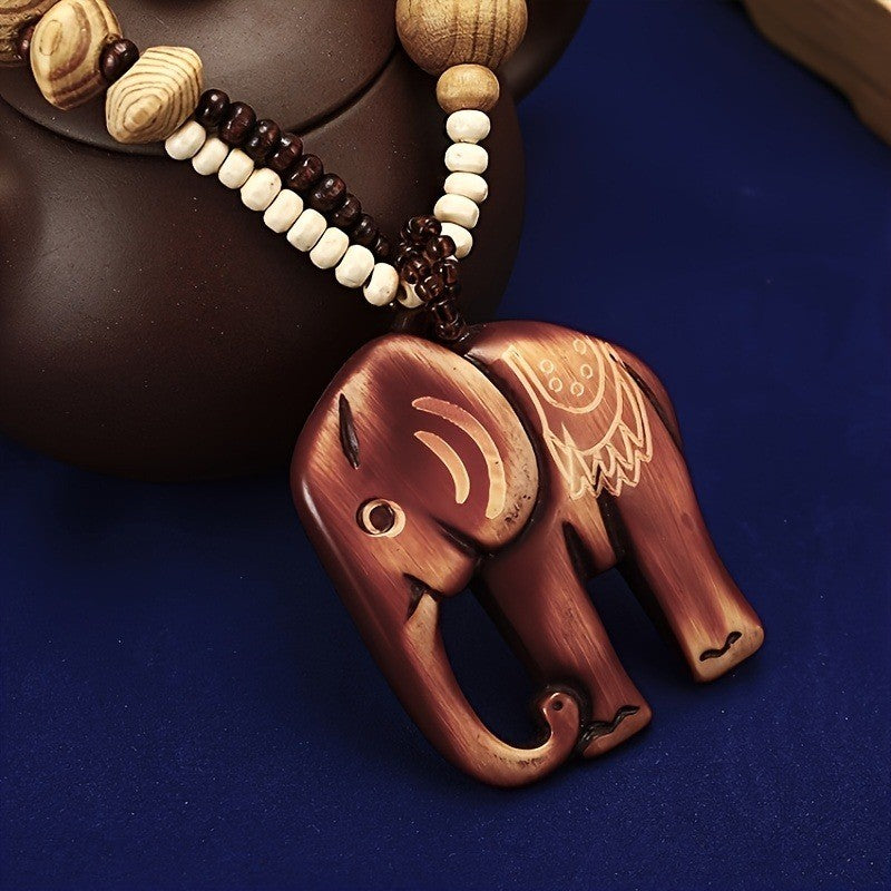 Boho Carved Elephant Wood Beaded Necklace