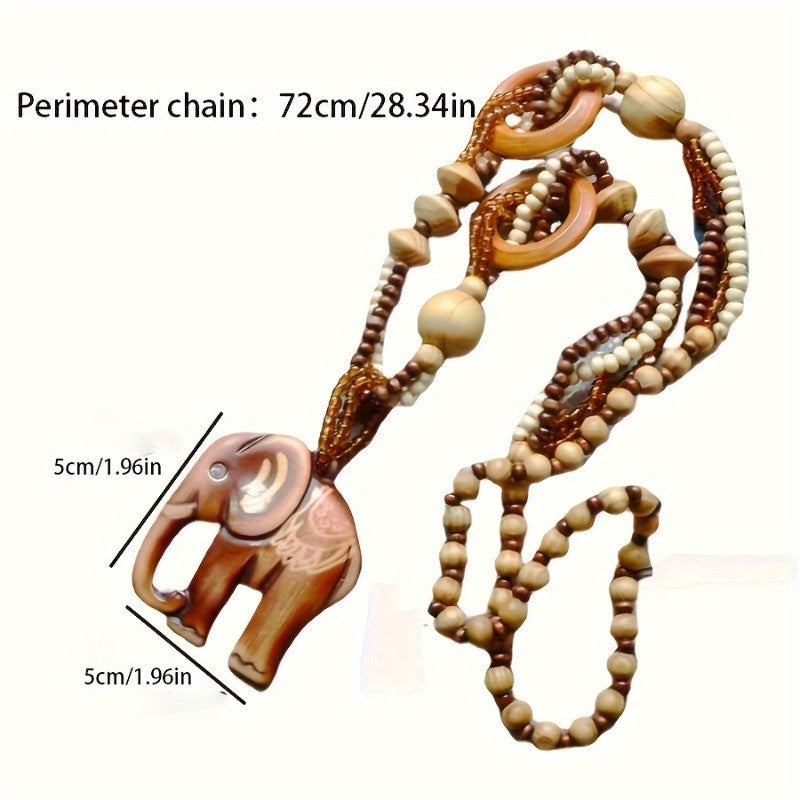 Boho Carved Elephant Wood Beaded Necklace