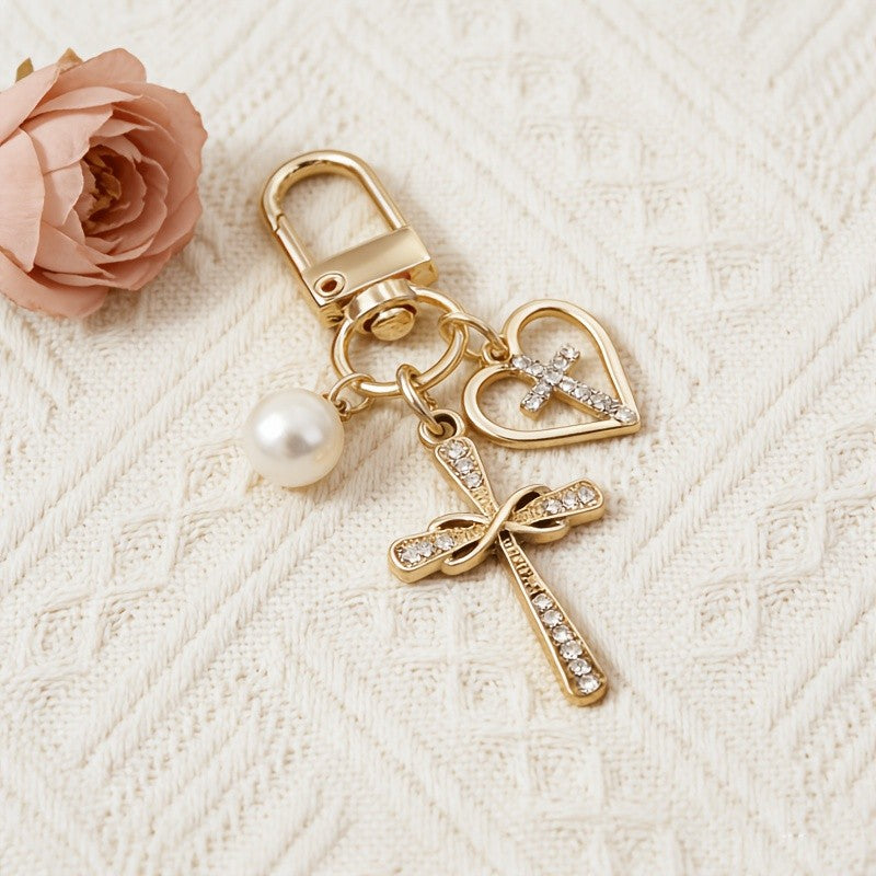 Dainty Rhinestone Cross & Heart Keychain