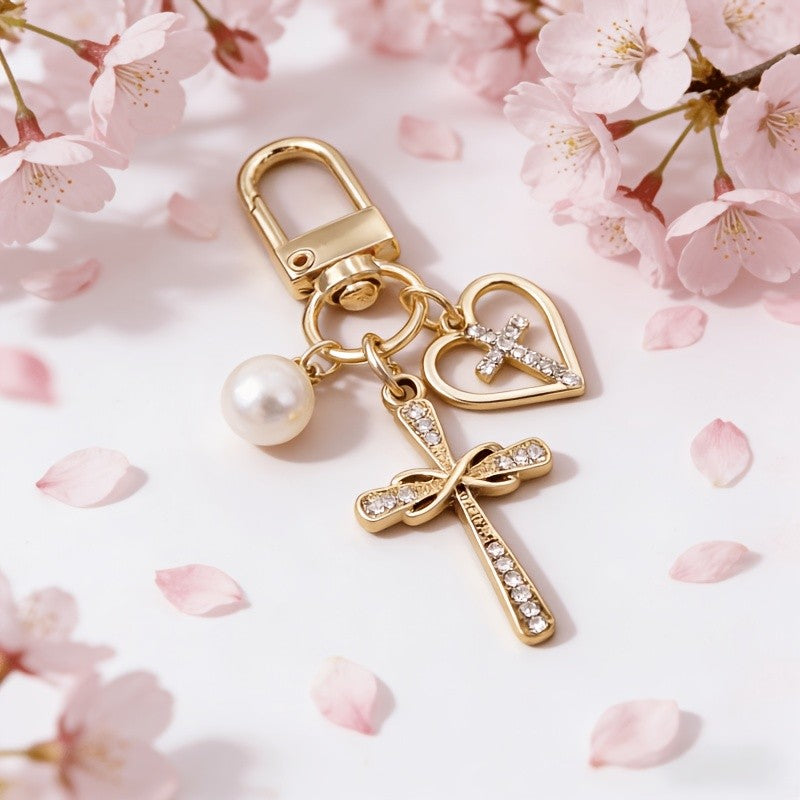 Dainty Rhinestone Cross & Heart Keychain