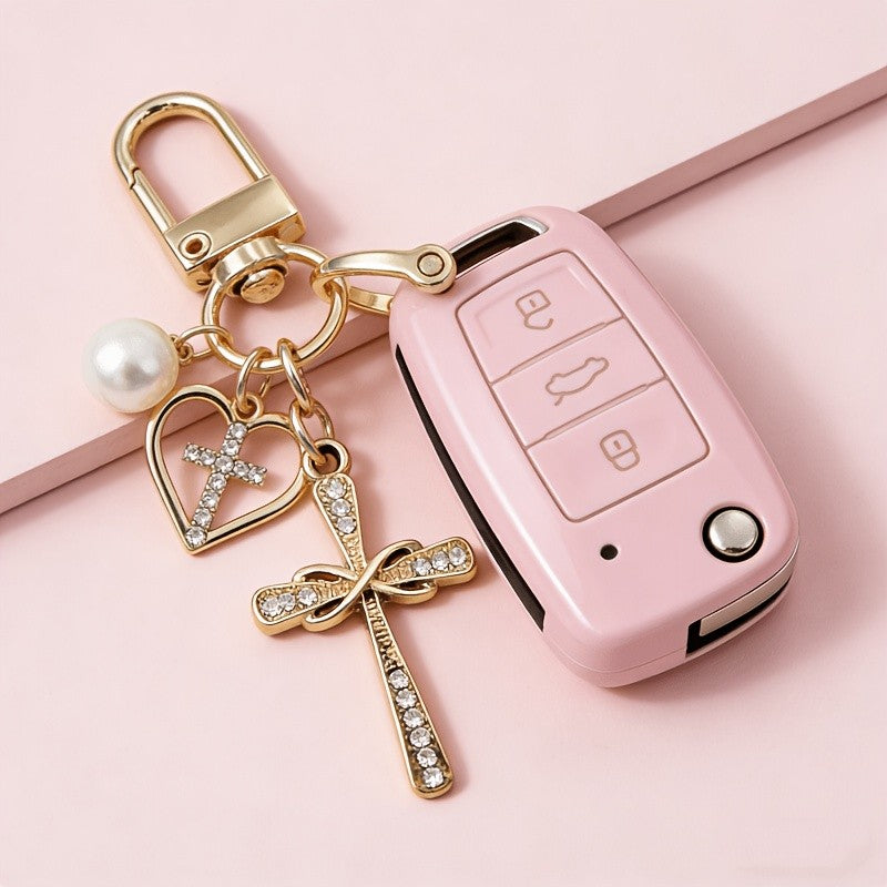 Dainty Rhinestone Cross & Heart Keychain