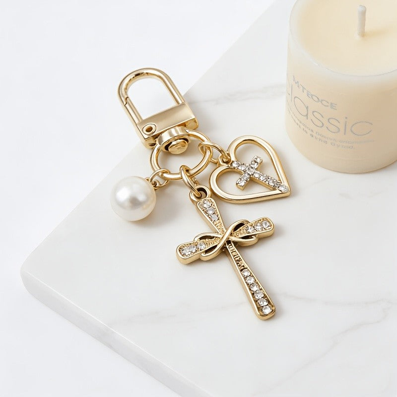 Dainty Rhinestone Cross & Heart Keychain