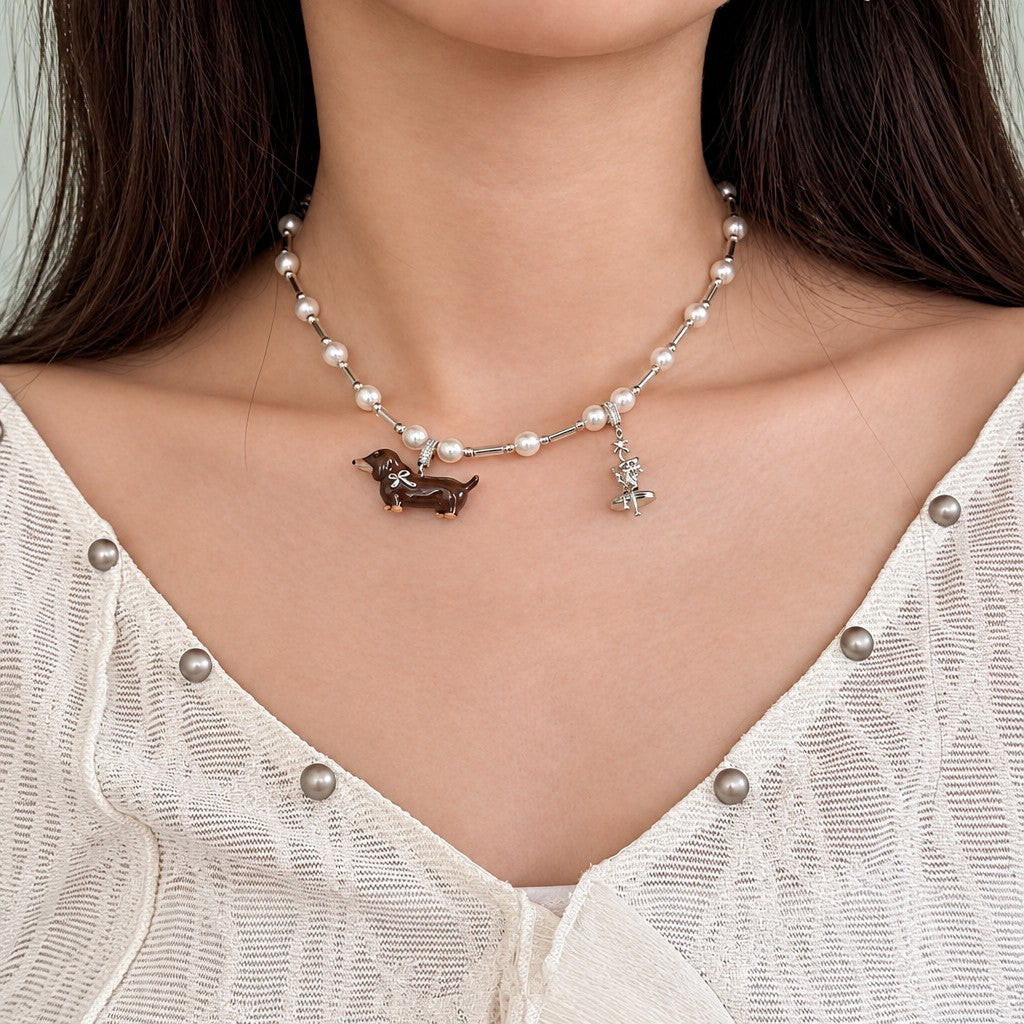 Dainty Dachshund Pearl Necklace