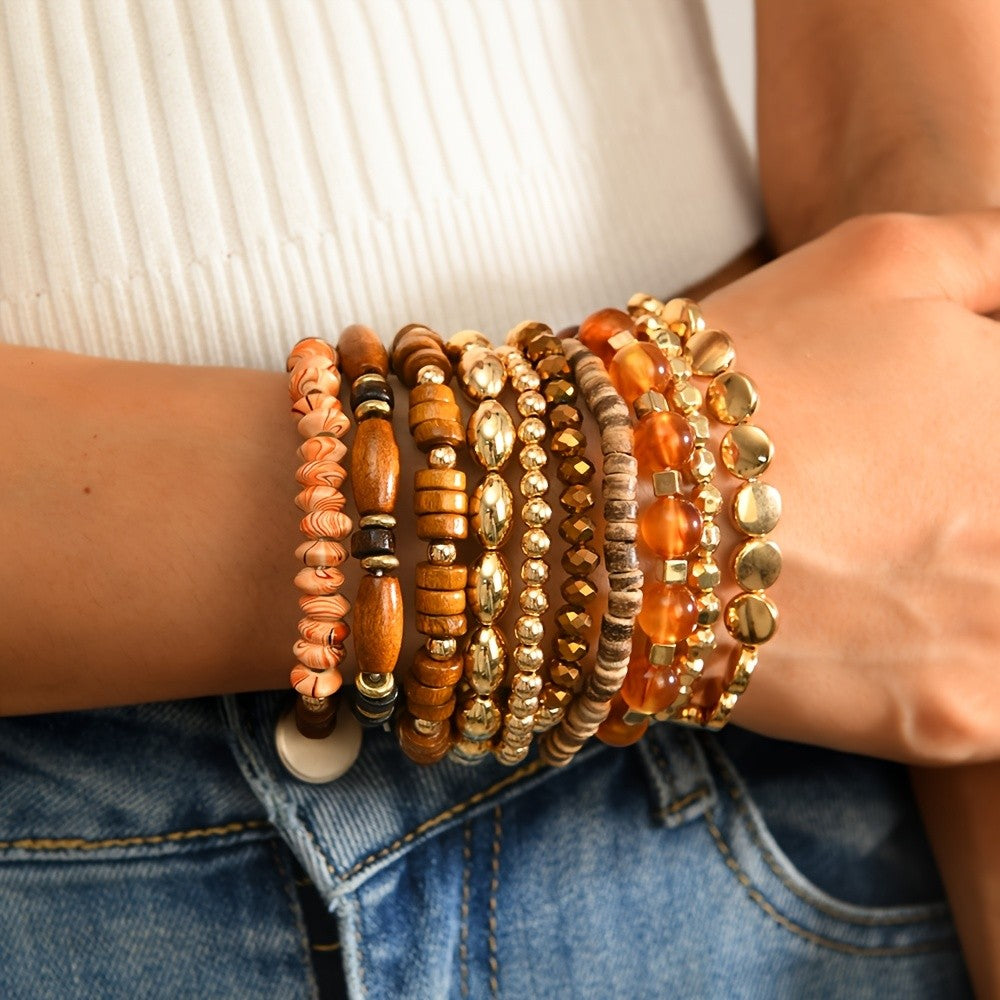10pc Boho Wood Bead Bracelet Set