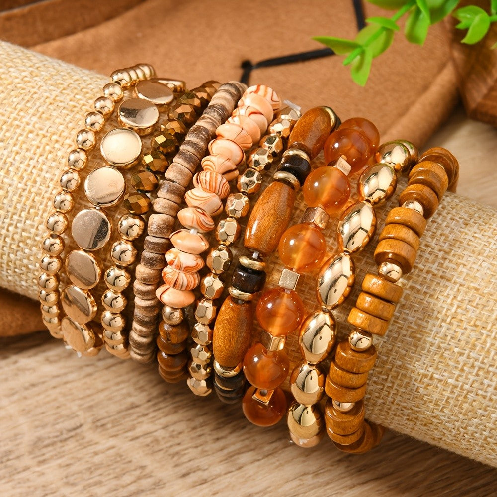 10pc Boho Wood Bead Bracelet Set