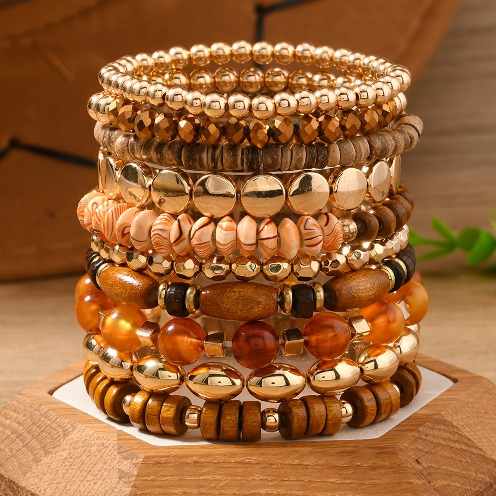 10pc Boho Wood Bead Bracelet Set