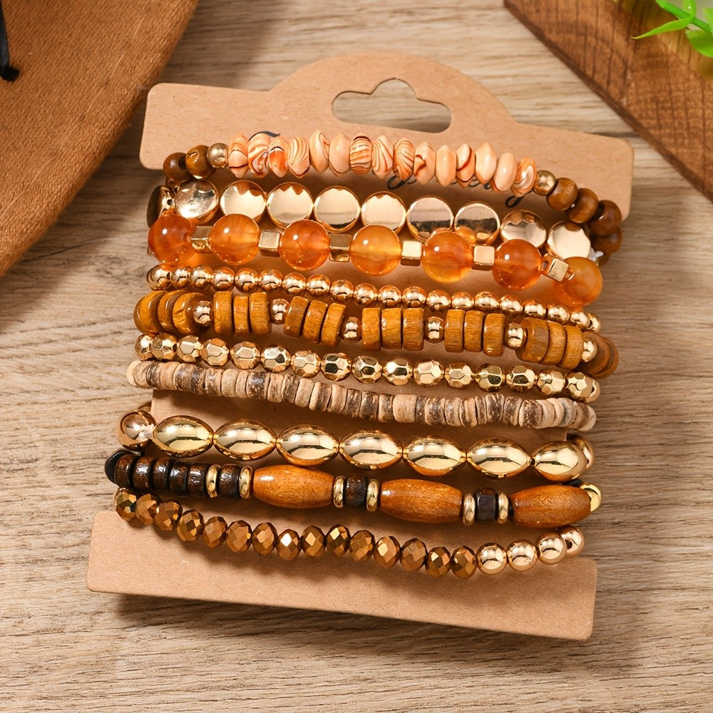 10pc Boho Wood Bead Bracelet Set