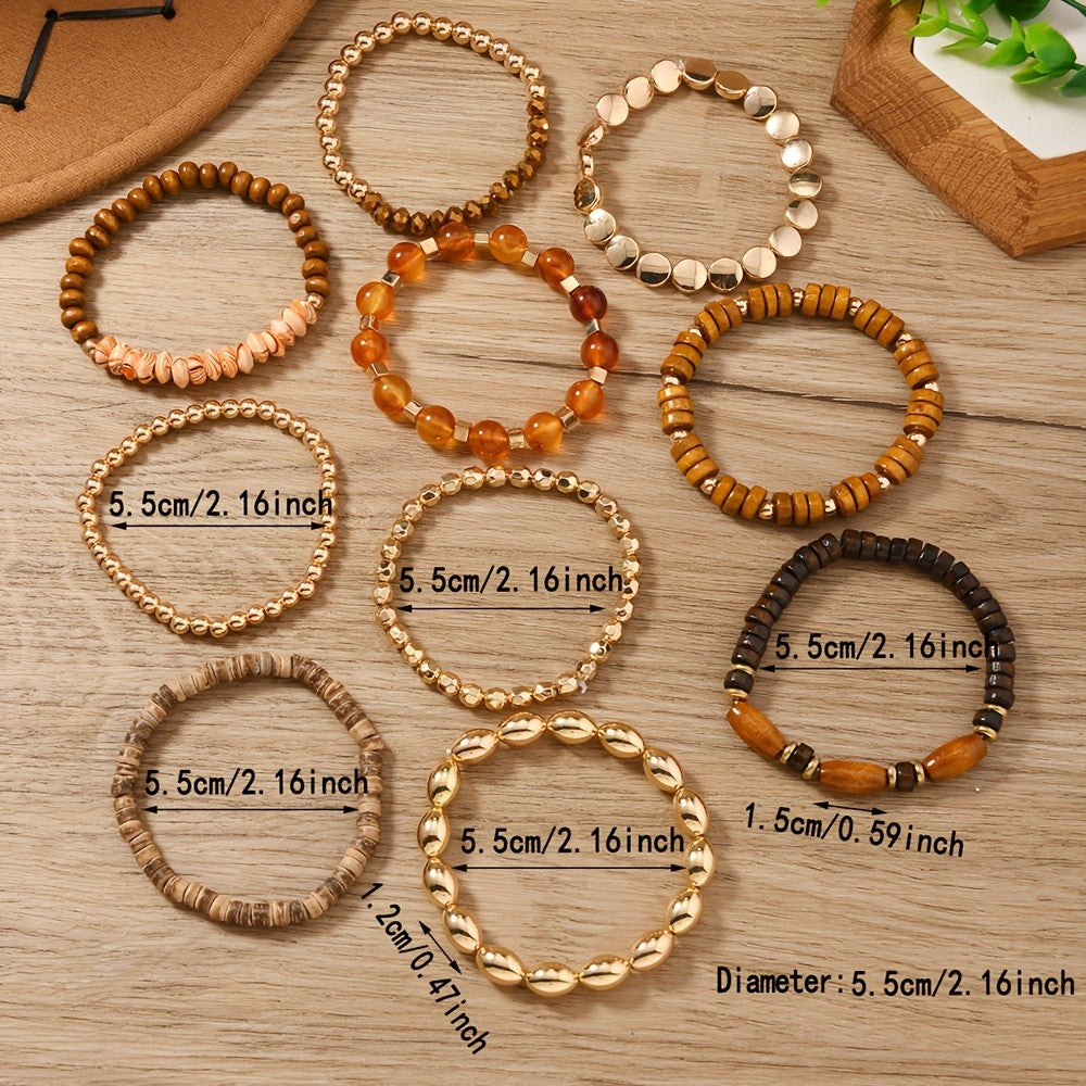 10pc Boho Wood Bead Bracelet Set