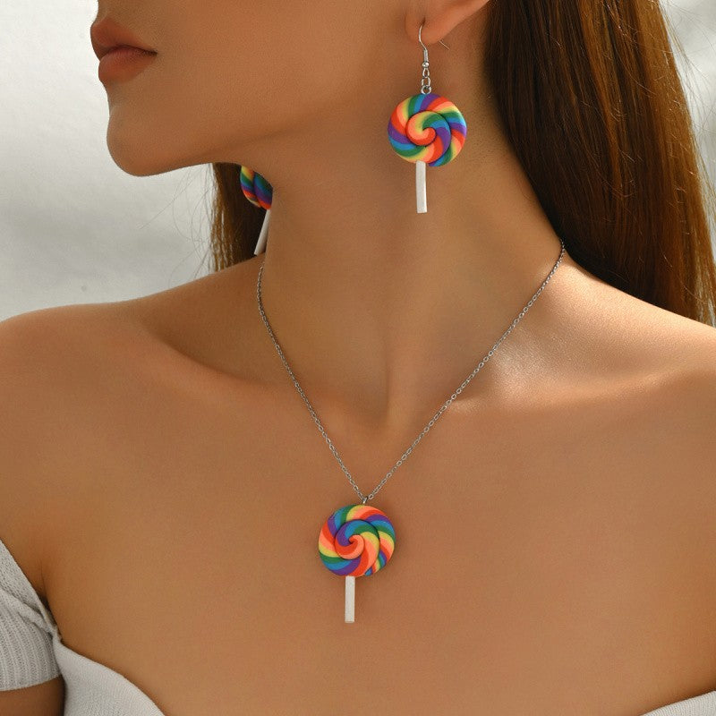 Classy Rainbow Lollipop Necklace & Earring Set