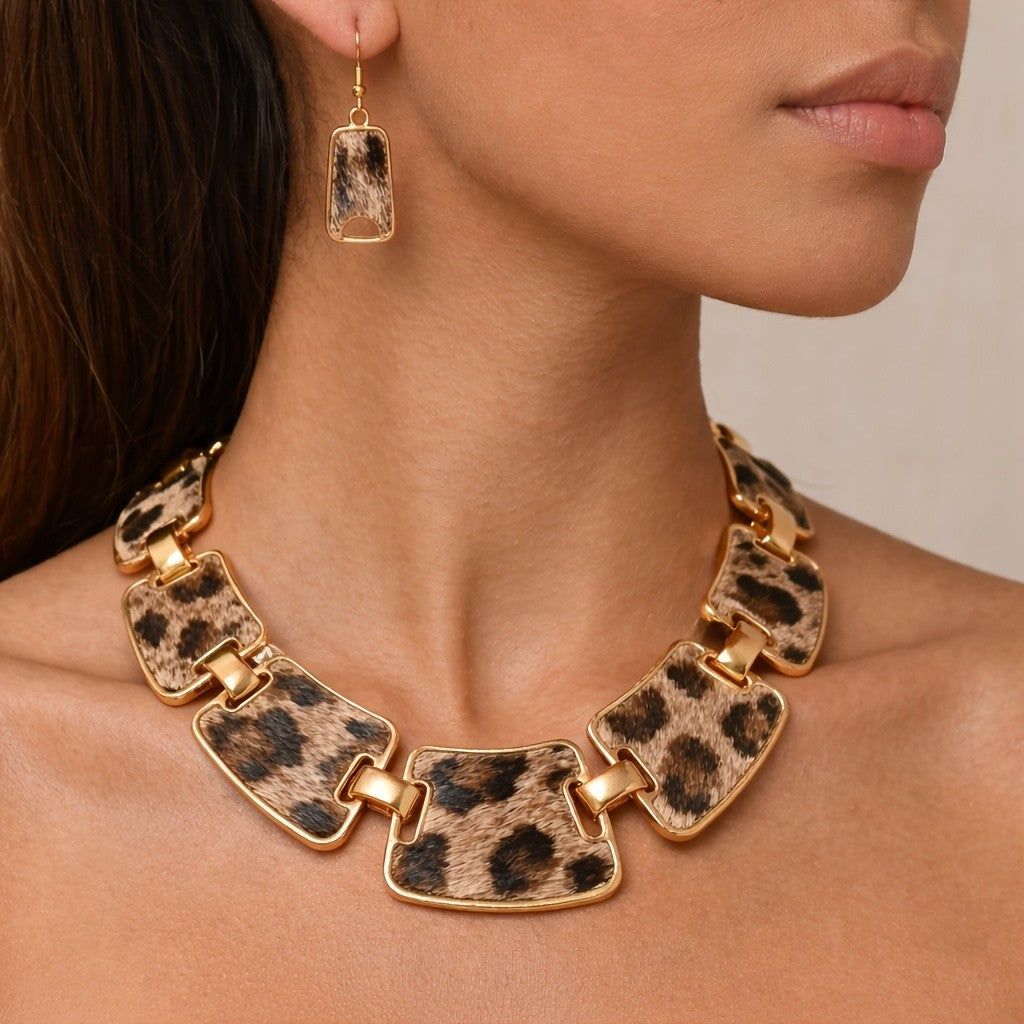 Vintage Leopard Print Statement Necklace & Earring Set