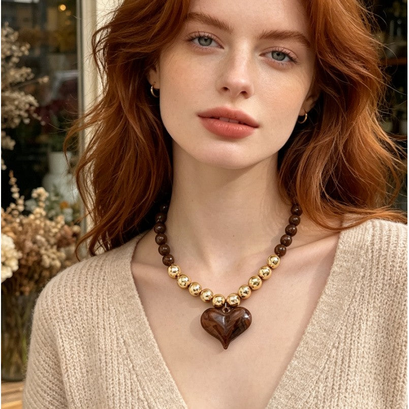 Elegant Wood Heart Bead Necklace