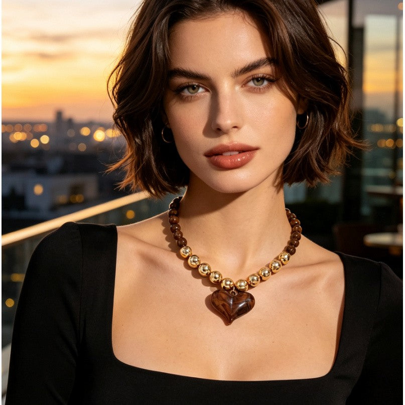 Elegant Wood Heart Bead Necklace