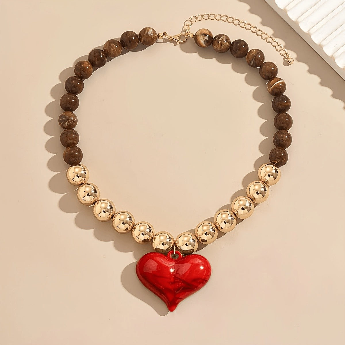 Elegant Wood Heart Bead Necklace