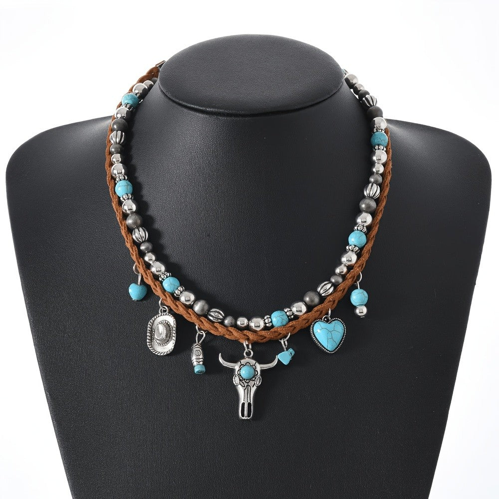 Boho Western Turquoise Bull Skull Necklace