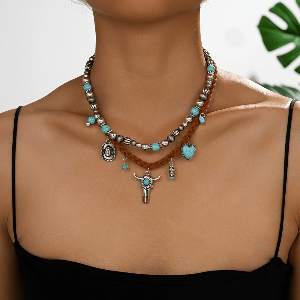 Boho Western Turquoise Bull Skull Necklace