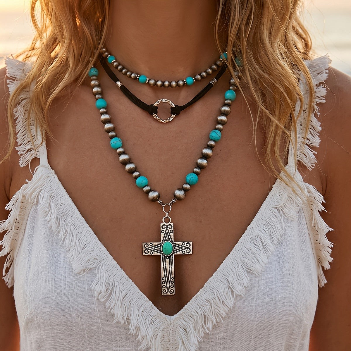 Boho Turquoise Cross Layered Necklace