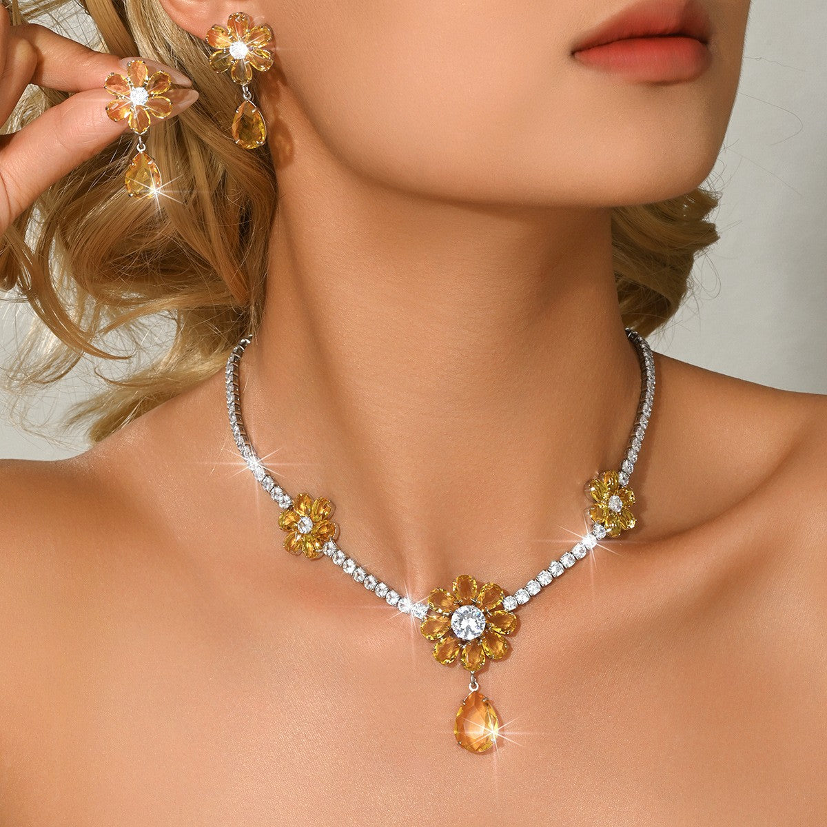Elegant Purple Floral Water Drop Necklace & Earring Set