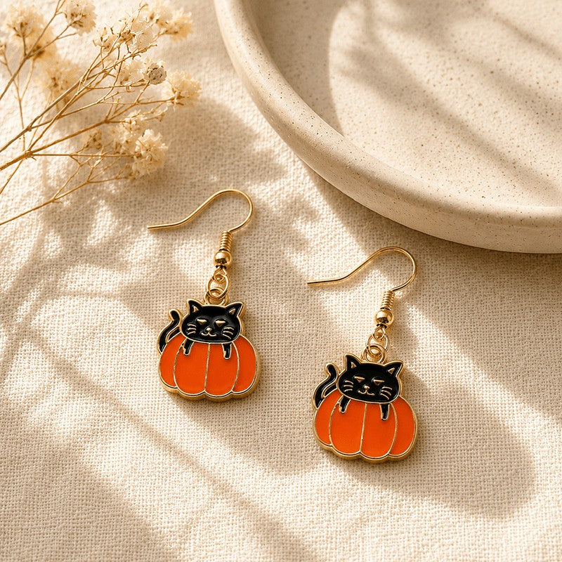 Cute Black Cat Pumpkin Earrings