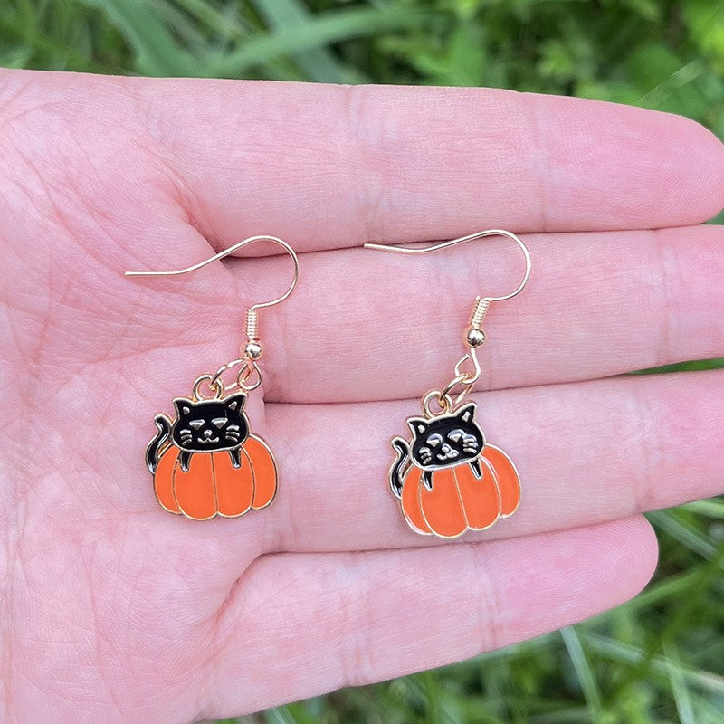 Cute Black Cat Pumpkin Earrings
