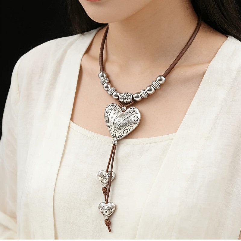 Vintage Floral Engraved Heart Necklace