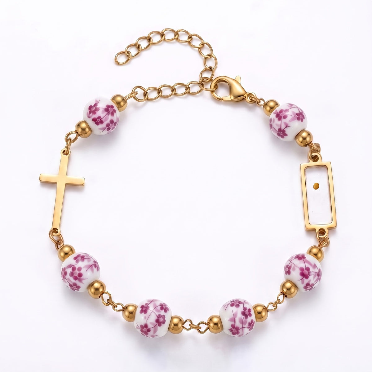 18k Dainty Blue Floral Cross Bracelet