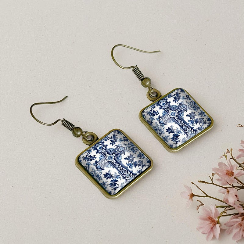 Vintage Blue Floral Cross Earrings