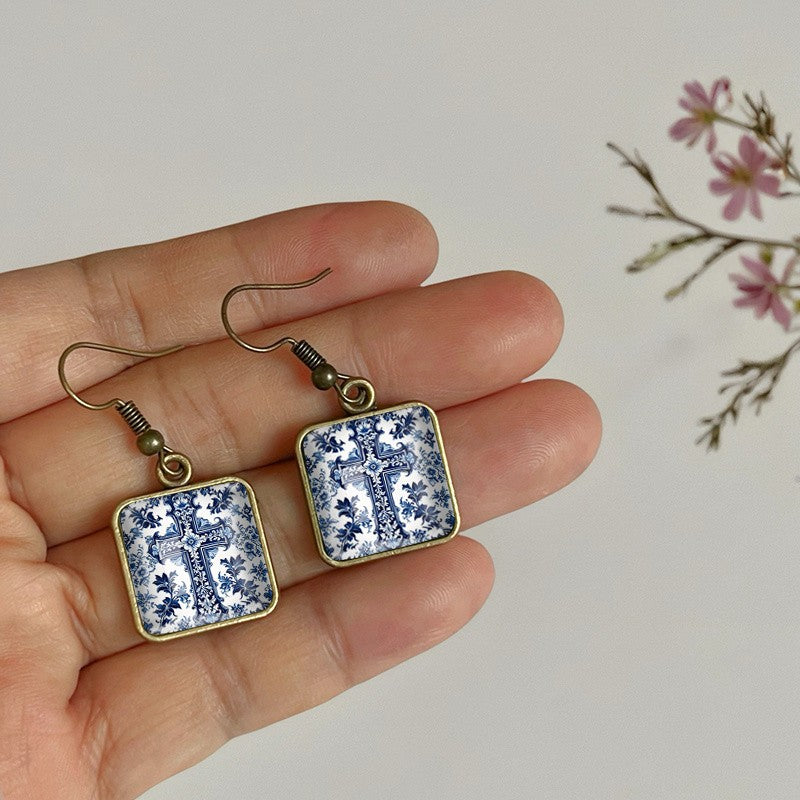 Vintage Blue Floral Cross Earrings