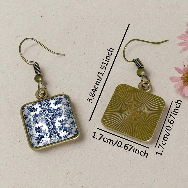 Vintage Blue Floral Cross Earrings