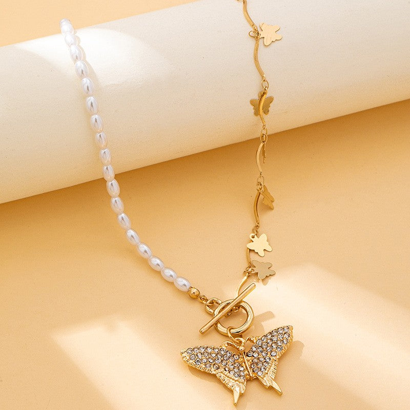 14k Elegant Faux Pearl Butterfly Toggle Necklace
