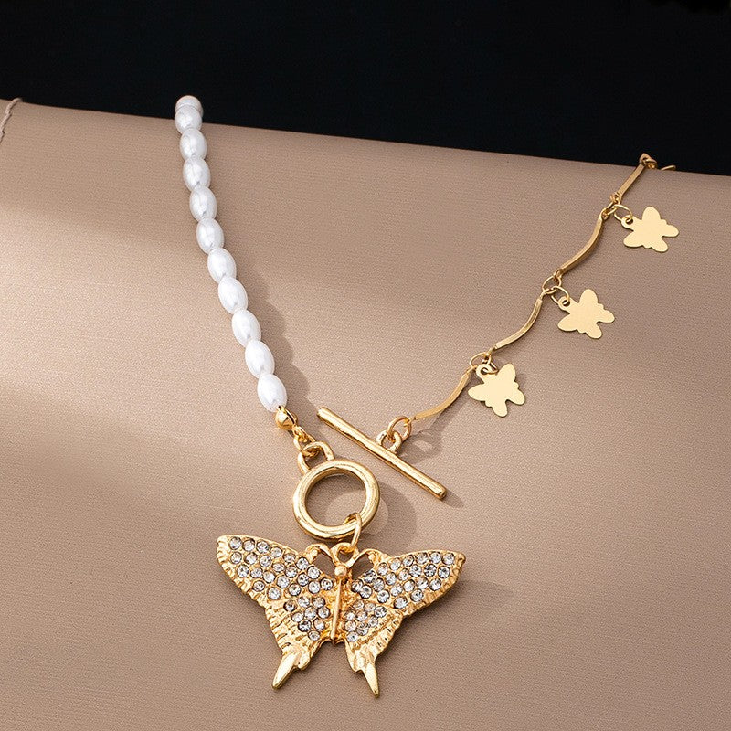 14k Elegant Faux Pearl Butterfly Toggle Necklace