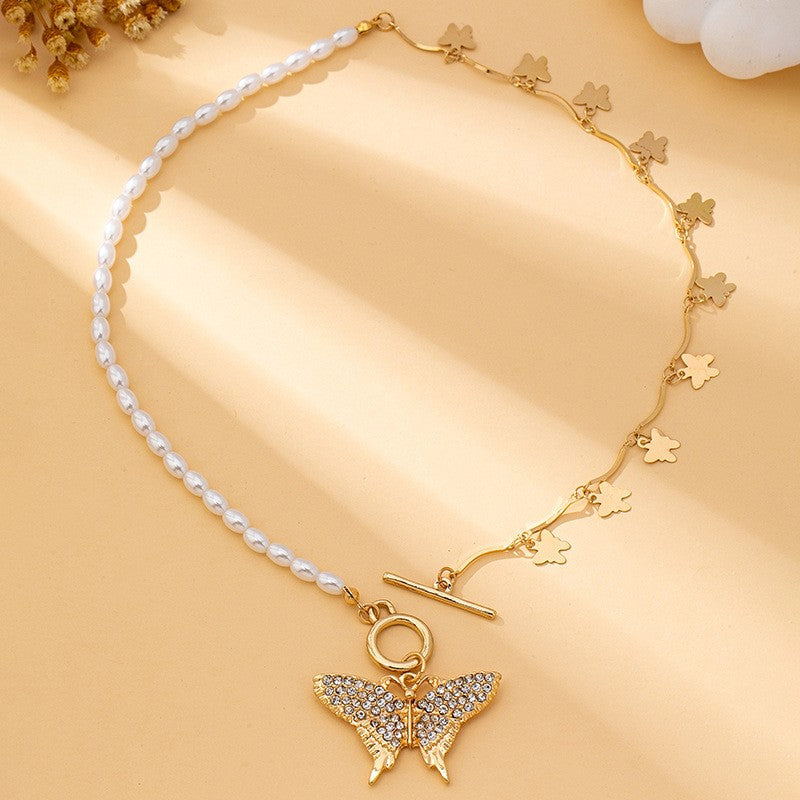 14k Elegant Faux Pearl Butterfly Toggle Necklace