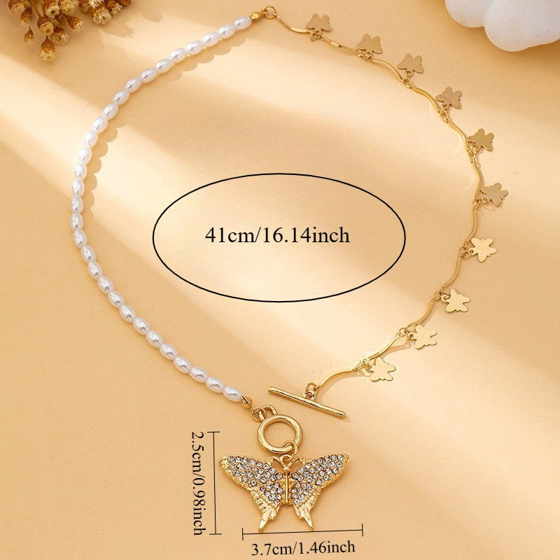 14k Elegant Faux Pearl Butterfly Toggle Necklace