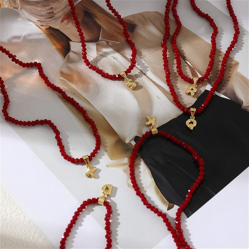 18k Dainty Red Beaded Initial Necklace