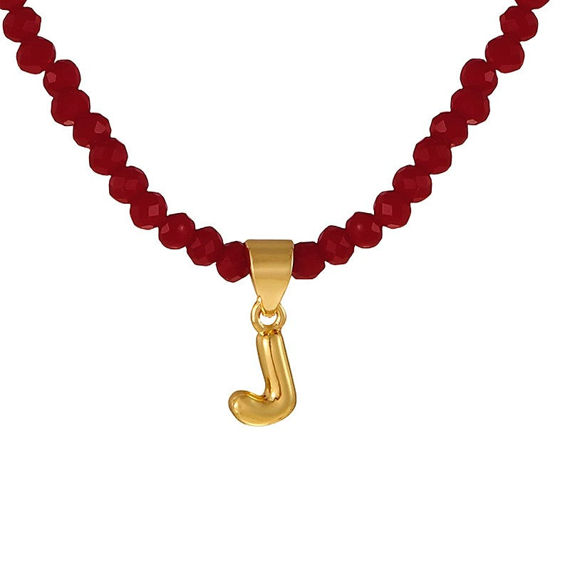 18k Dainty Red Beaded Initial Necklace