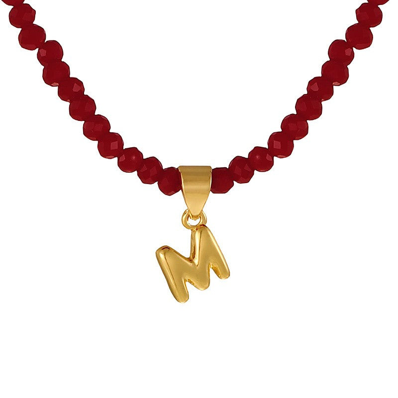 18k Dainty Red Beaded Initial Necklace
