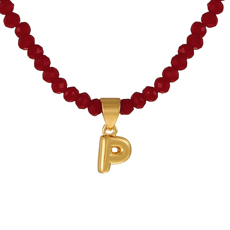 18k Dainty Red Beaded Initial Necklace