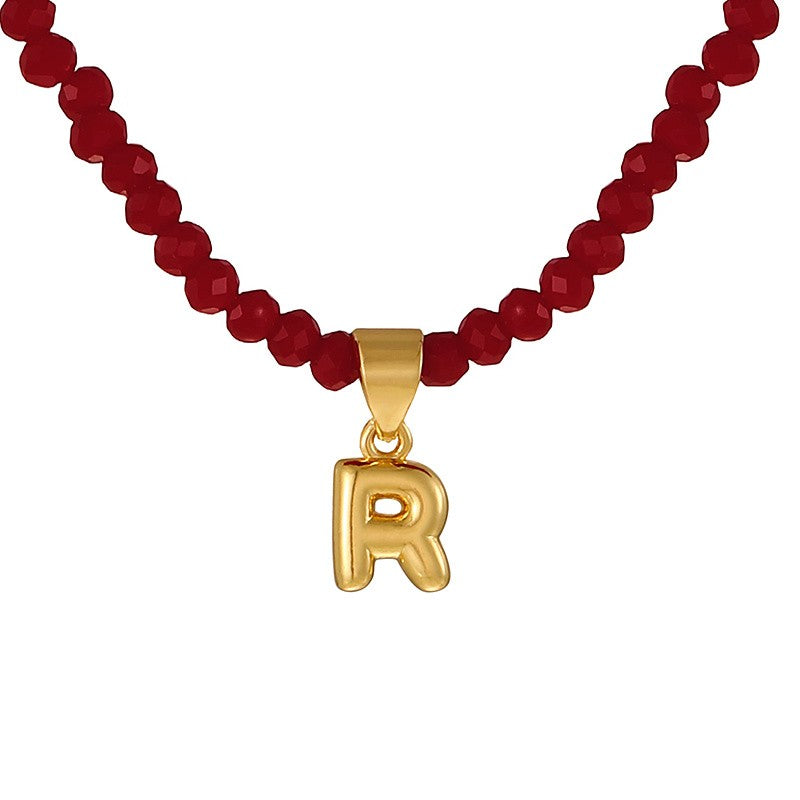 18k Dainty Red Beaded Initial Necklace
