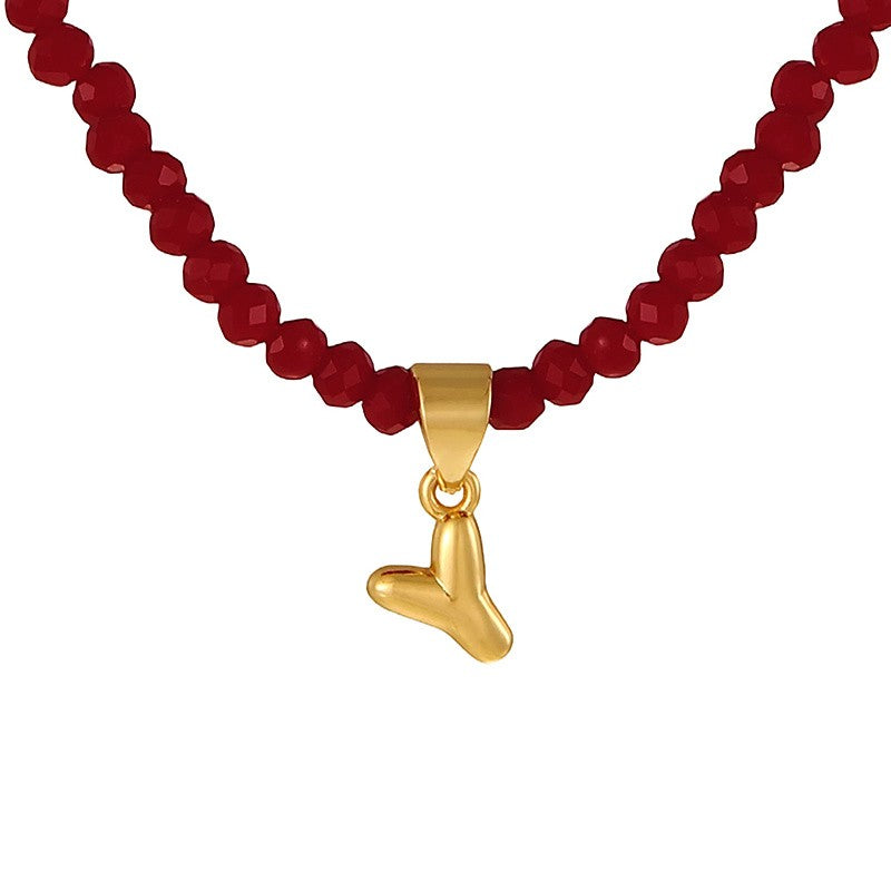 18k Dainty Red Beaded Initial Necklace