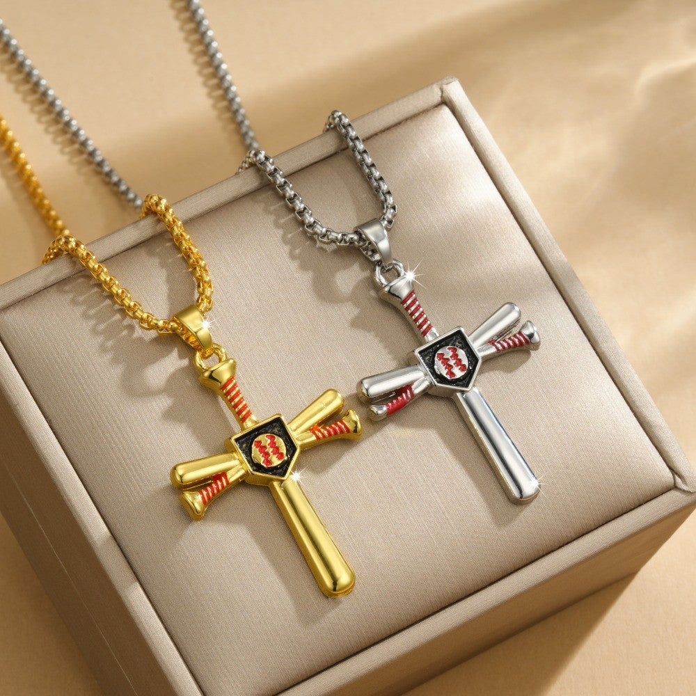 Sporty Baseball Bat Cross Necklace