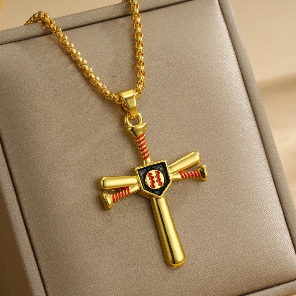 Sporty Baseball Bat Cross Necklace