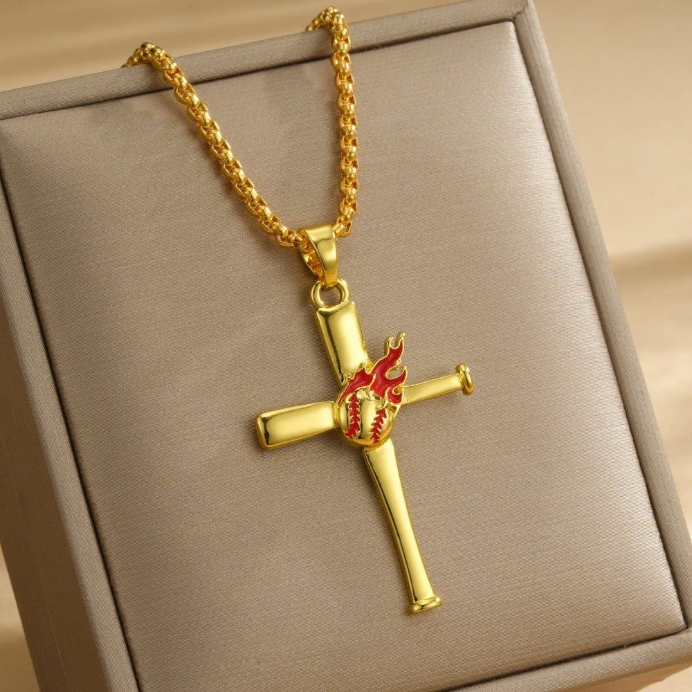 Sporty Baseball Bat Cross Necklace