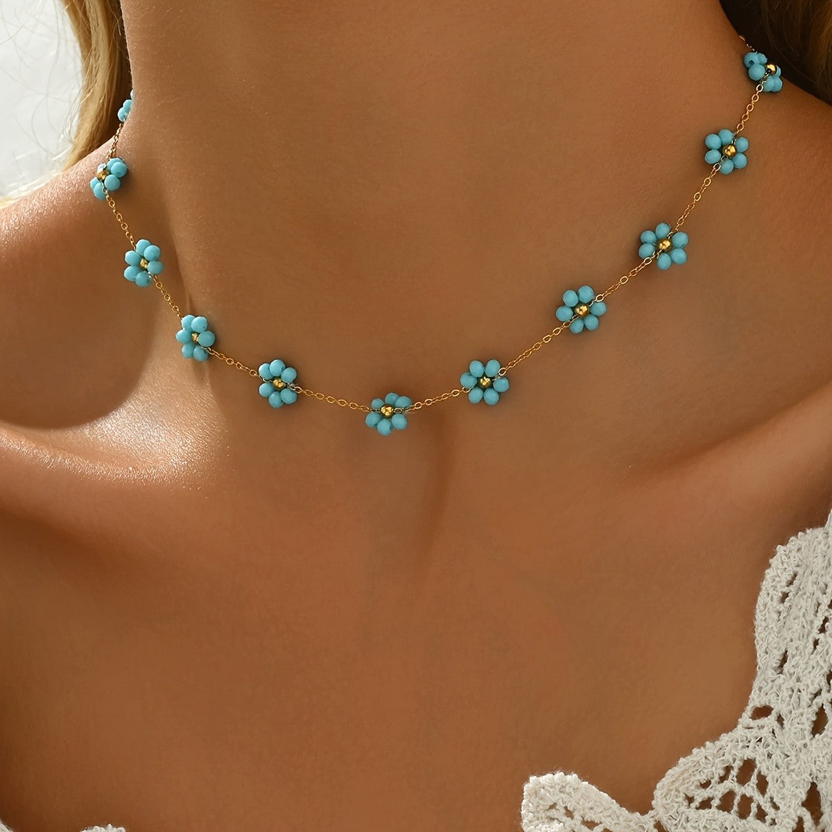Dainty Blue Floral Satellite Necklace