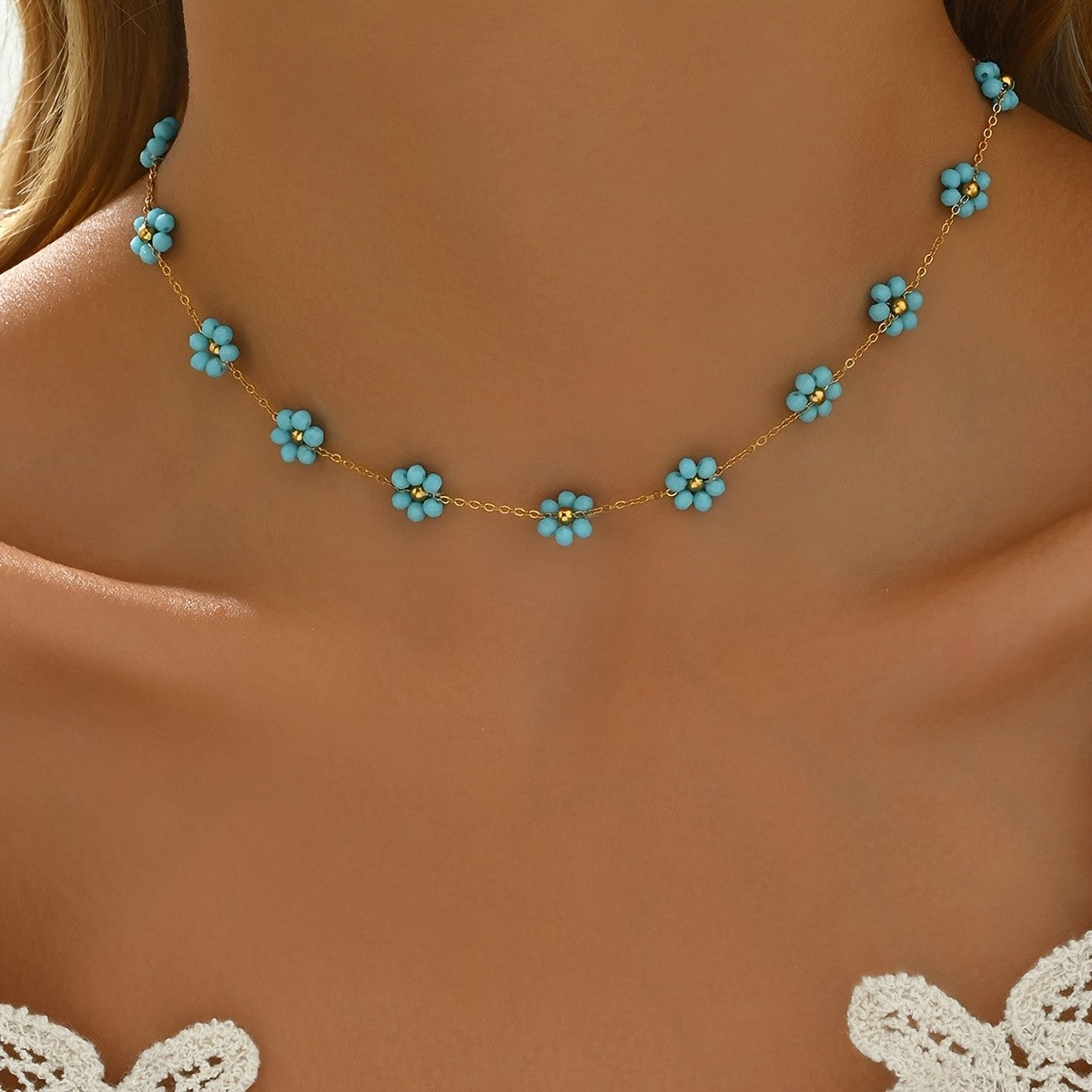 Dainty Blue Floral Satellite Necklace